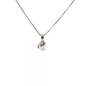 Nakit iz srebra - Otroška srebrna ogrlica Mucek bela perlica Swarovski