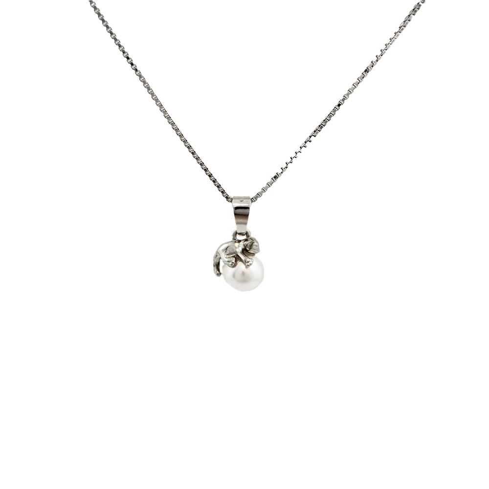 Otroška srebrna ogrlica Mucek bela perlica Swarovski